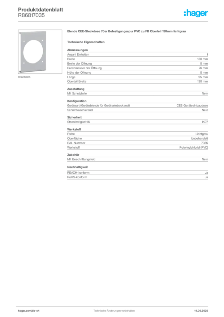 Bild Hager Produktdatenblatt R86817035 | Hager Schweiz