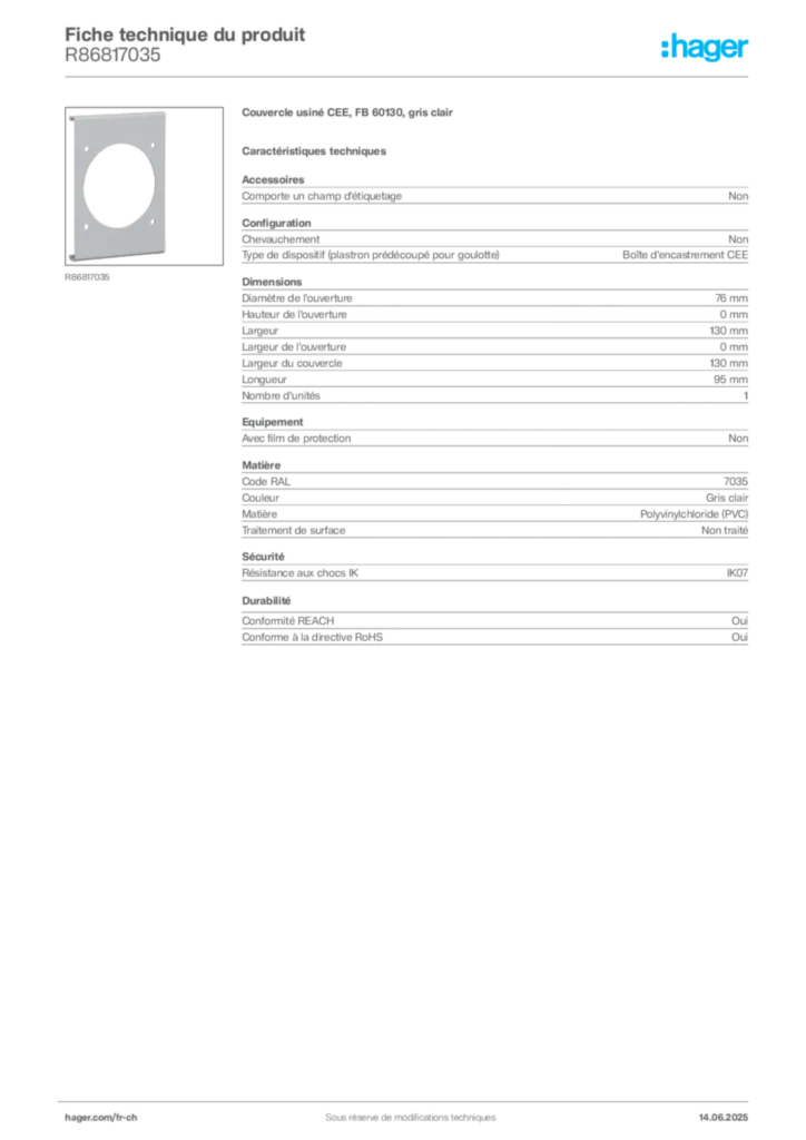 Image Hager Fiche technique du produit R86817035 | Hager Suisse