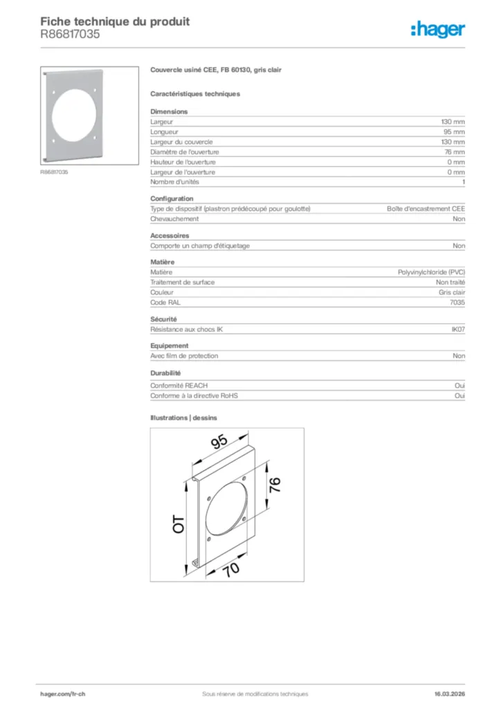 Image Hager Fiche technique du produit R86817035 | Hager Suisse