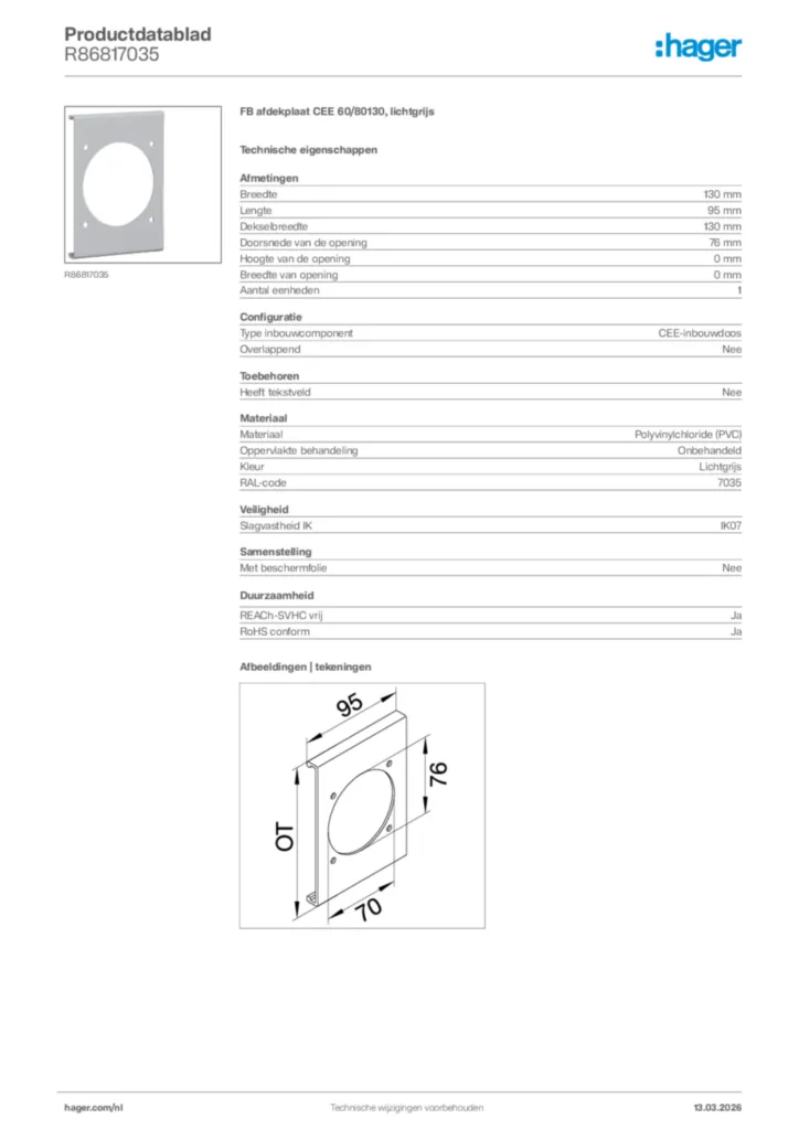Afbeelding Hager Productdatablad R86817035 | Hager Nederland