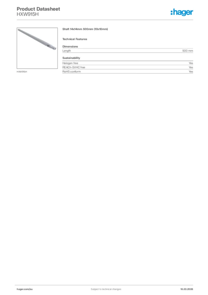 Image Hager Product data sheet HXW915H  | Hager Australia