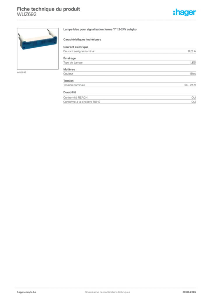 Image Hager Fiche technique du produit WUZ692 | Hager Belgique