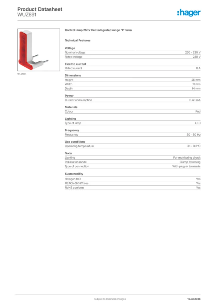 Image Hager Product data sheet WUZ691  | Hager Africa