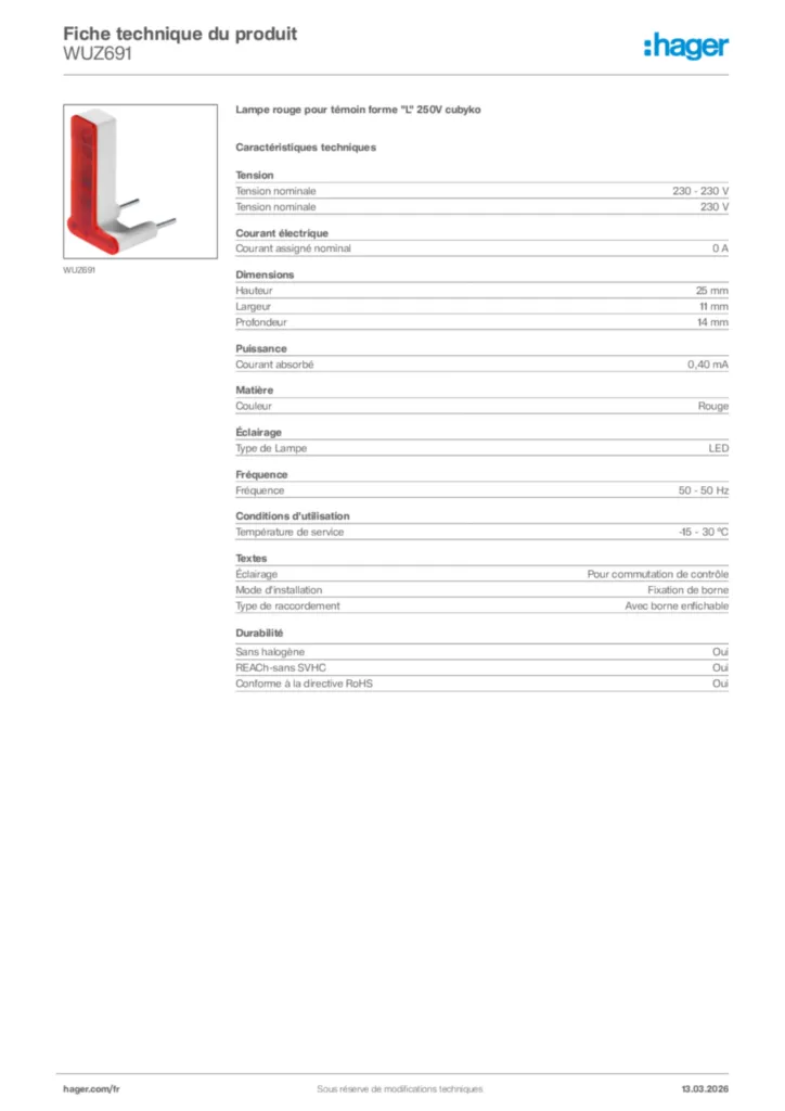 Image Hager Fiche technique du produit WUZ691 | Hager France