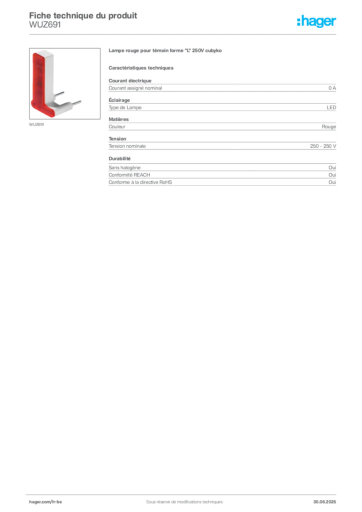 Image Hager Fiche technique du produit WUZ691 | Hager Belgique