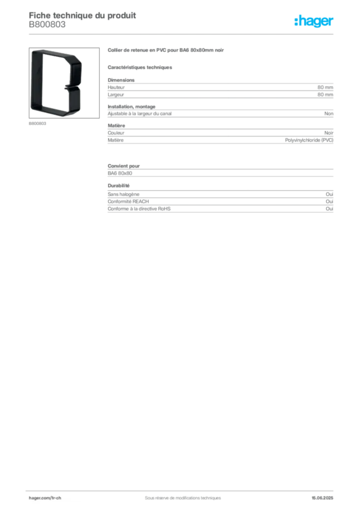 Image Hager Fiche technique du produit B800803 | Hager Suisse