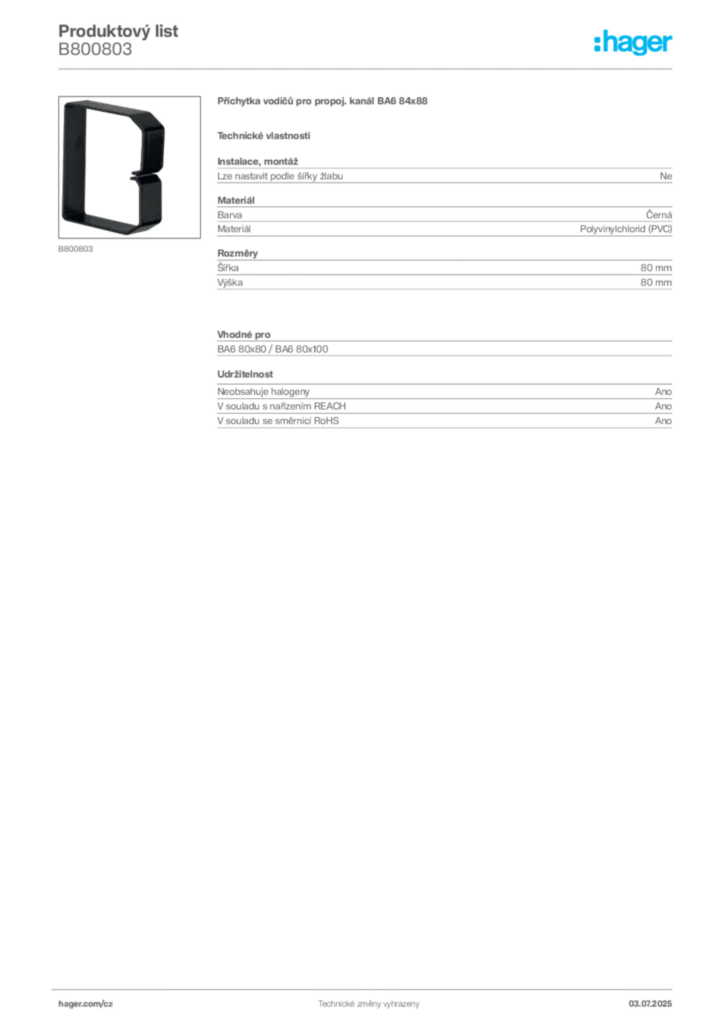 Obrázek Hager Produktový list B800803 | Hager