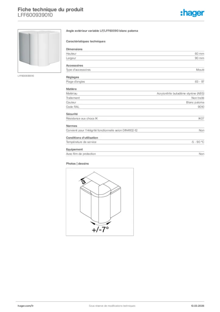 Image Hager Fiche technique du produit LFF600939010 | Hager France