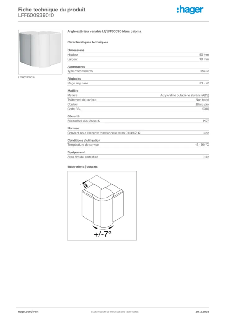 Image Hager Fiche technique du produit LFF600939010 | Hager Suisse