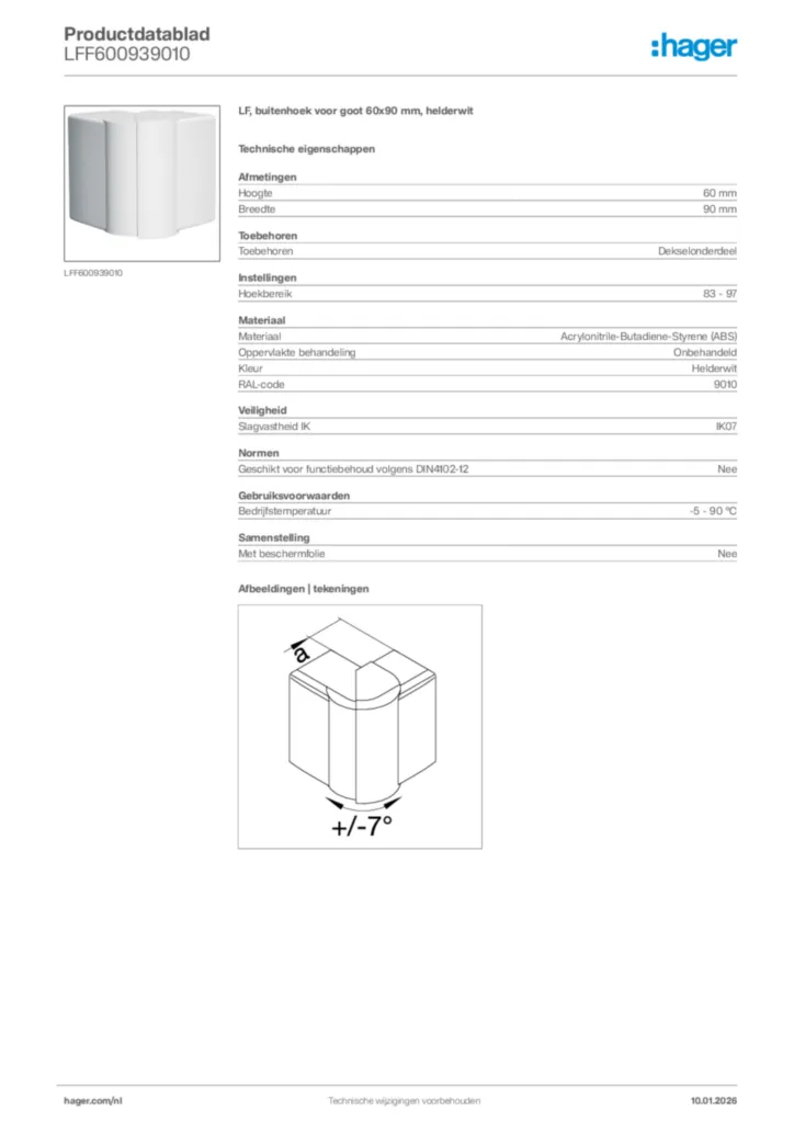 Afbeelding Hager Productdatablad LFF600939010 | Hager Nederland