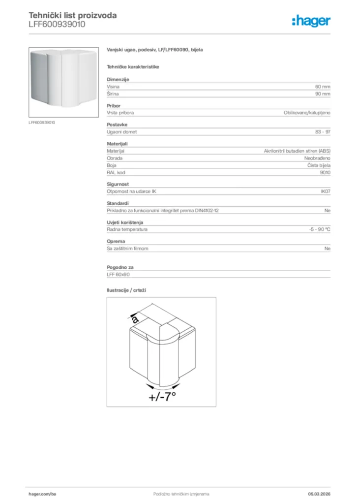 Slika Hager Tehnički list proizvoda LFF600939010  | Hager