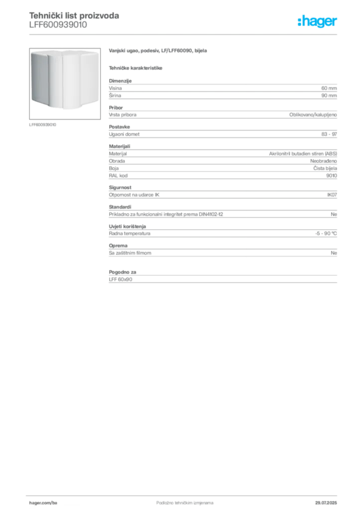 Slika Hager Product data sheet LFF600939010  | Hager