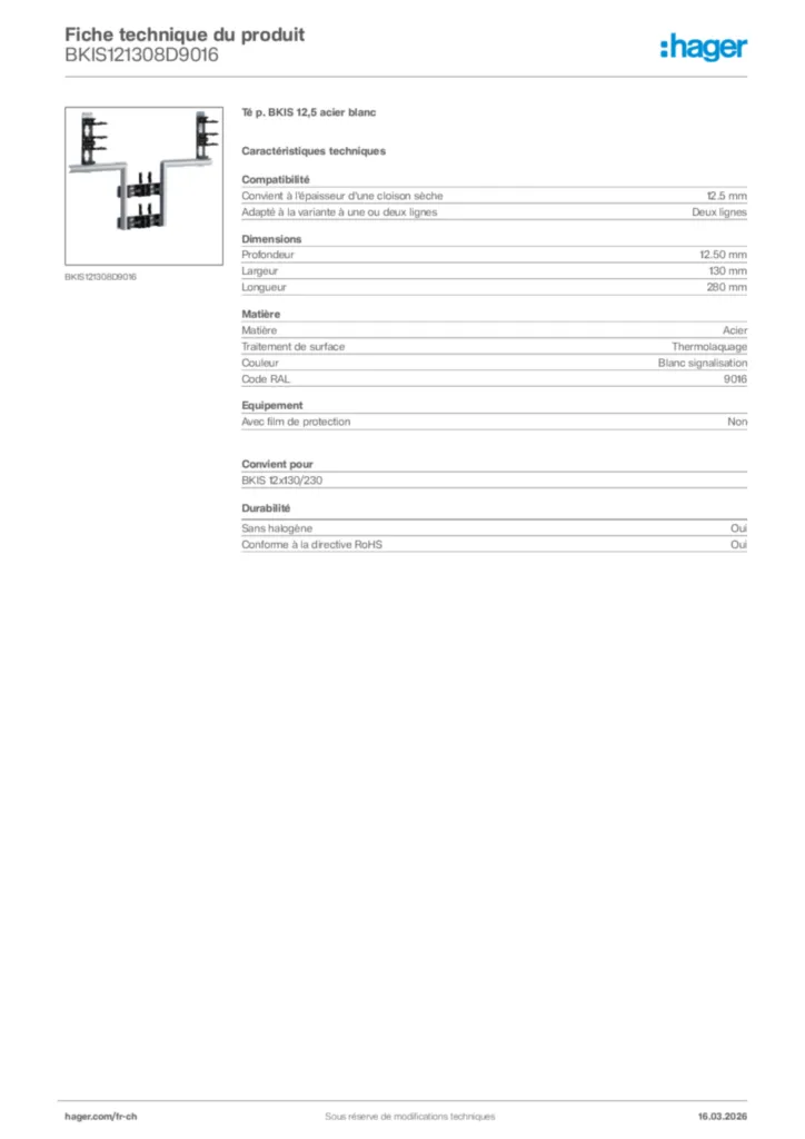 Image Hager Fiche technique du produit BKIS121308D9016 | Hager Suisse