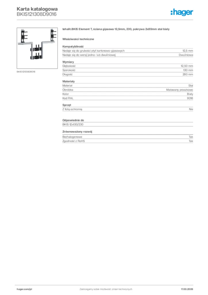 Zdjęcie Hager Karta katalogowa BKIS121308D9016 | Hager Polska