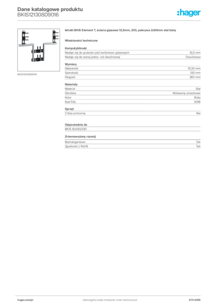 Zdjęcie Hager Karta katalogowa BKIS121308D9016 | Hager Polska