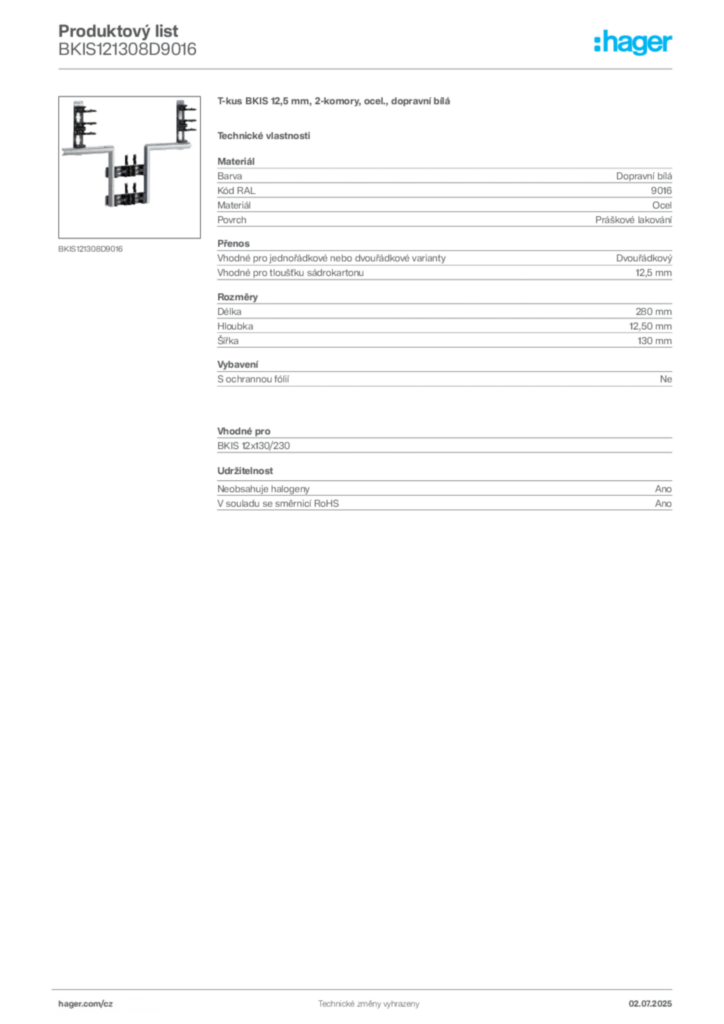 Obrázek Hager Produktový list BKIS121308D9016 | Hager