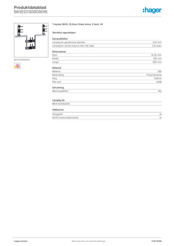 Bild Hager Produktdatablad BKIS121308D9016 | Hager Sverige