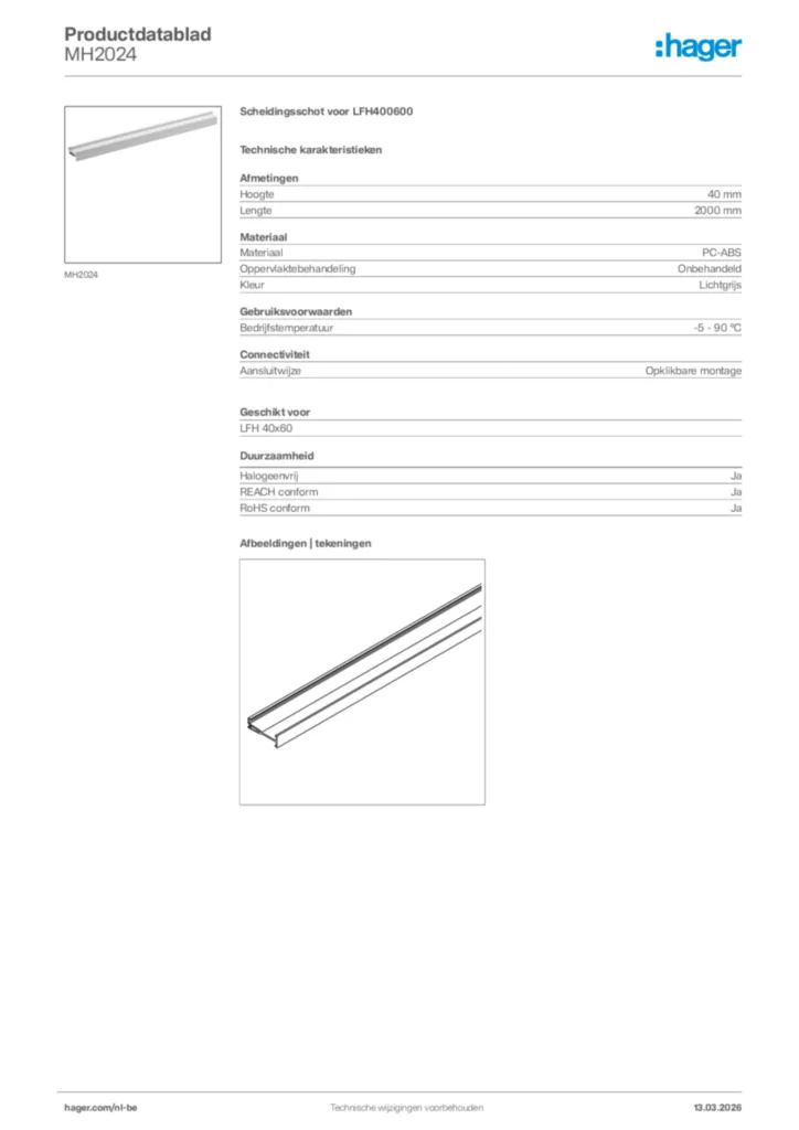 Afbeelding Hager Productdatablad MH2024 | Hager Belgium