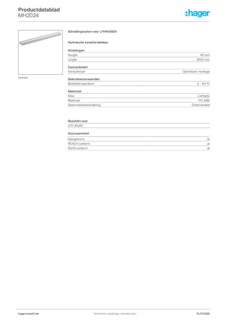 Afbeelding Hager Productdatablad MH2024 | Hager Belgium