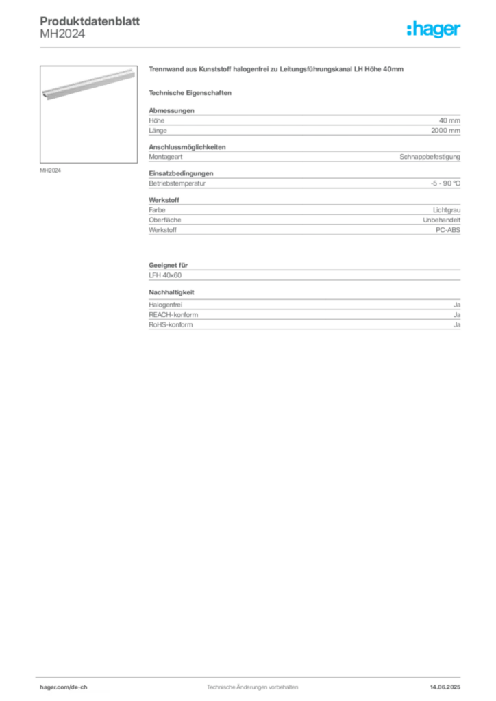 Bild Hager Produktdatenblatt MH2024 | Hager Schweiz