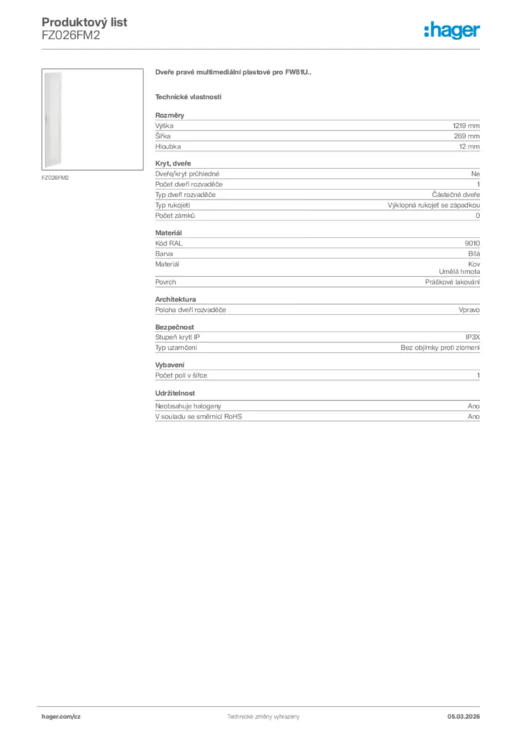 Obrázek Hager Product data sheet FZ026FM2 | Hager