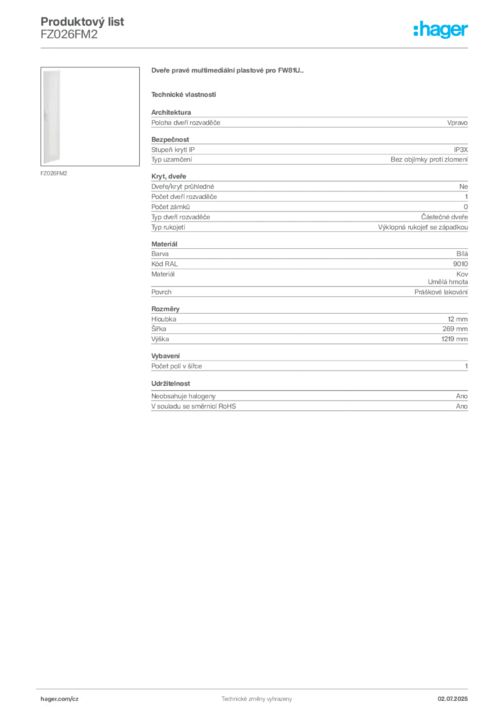 Obrázek Hager Produktový list FZ026FM2 | Hager