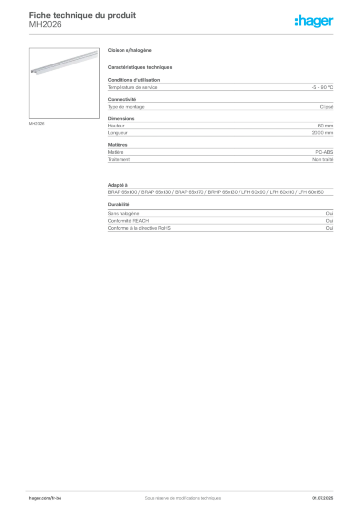 Image Hager Fiche technique du produit MH2026 | Hager Belgique