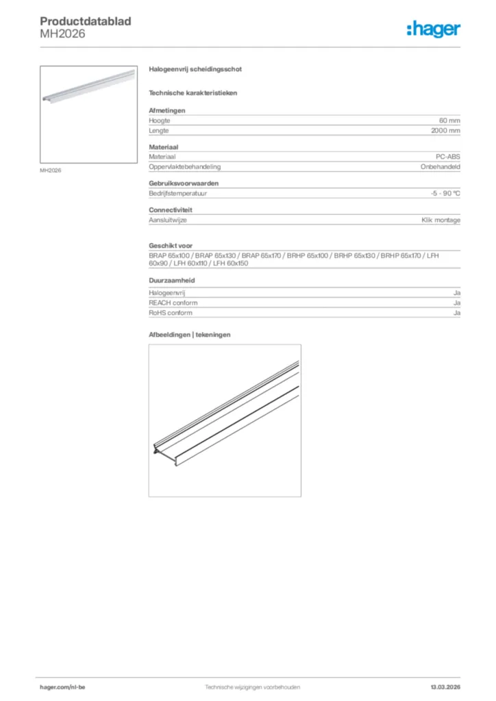 Afbeelding Hager Productdatablad MH2026 | Hager Belgium