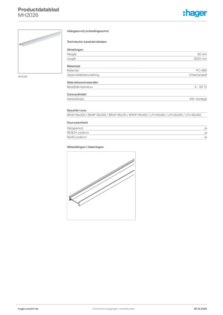 Afbeelding Hager Productdatablad MH2026 | Hager Belgium