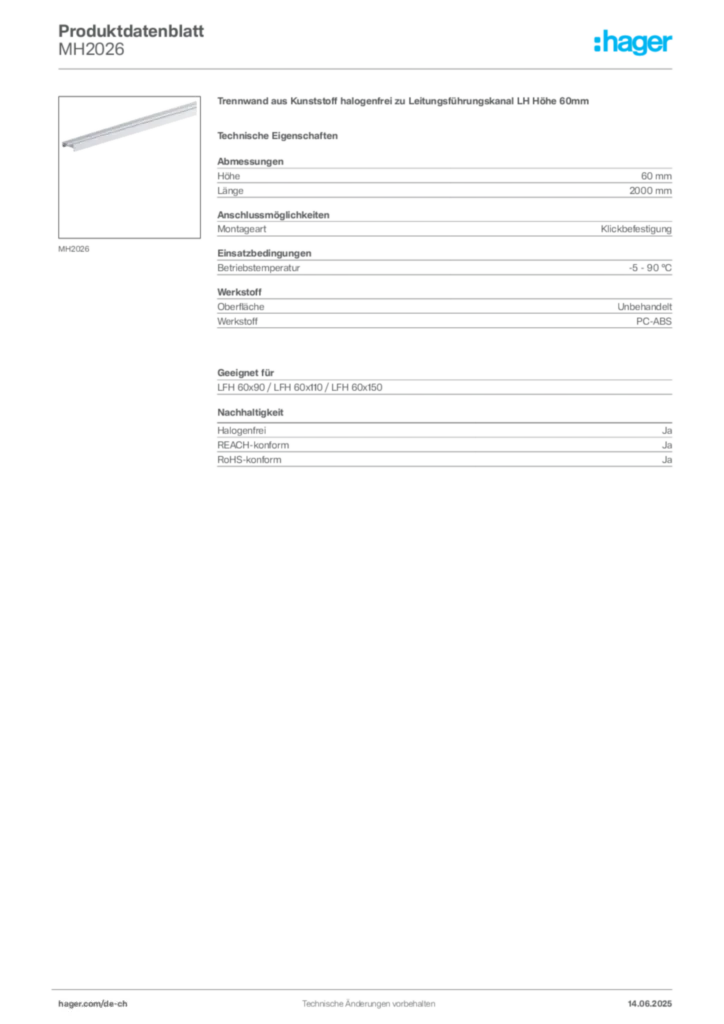 Bild Hager Produktdatenblatt MH2026 | Hager Schweiz
