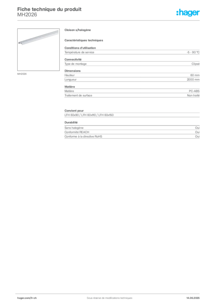 Image Hager Fiche technique du produit MH2026 | Hager Suisse
