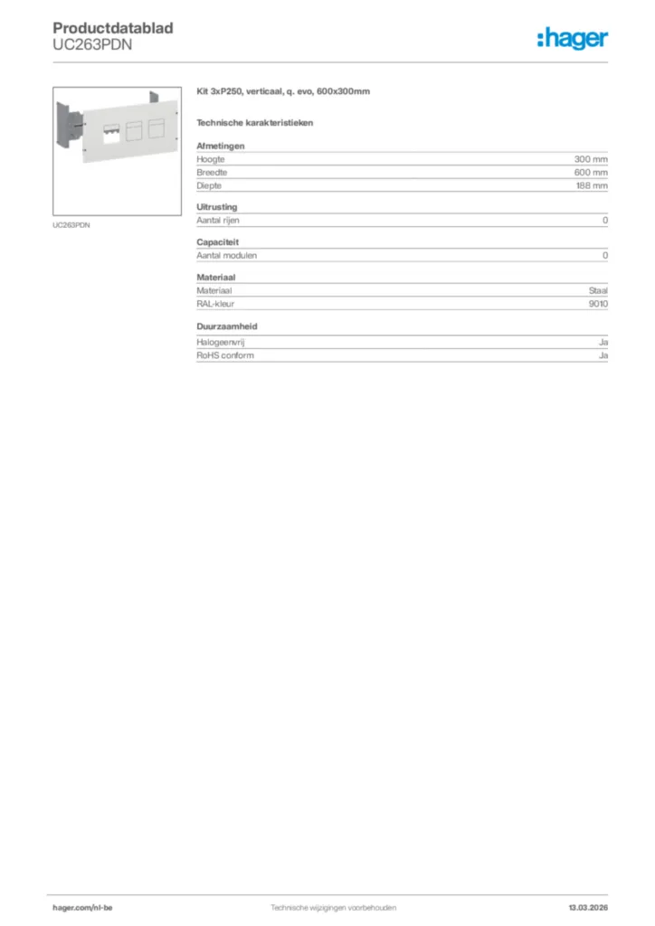 Afbeelding Hager Productdatablad UC263PDN | Hager Belgium