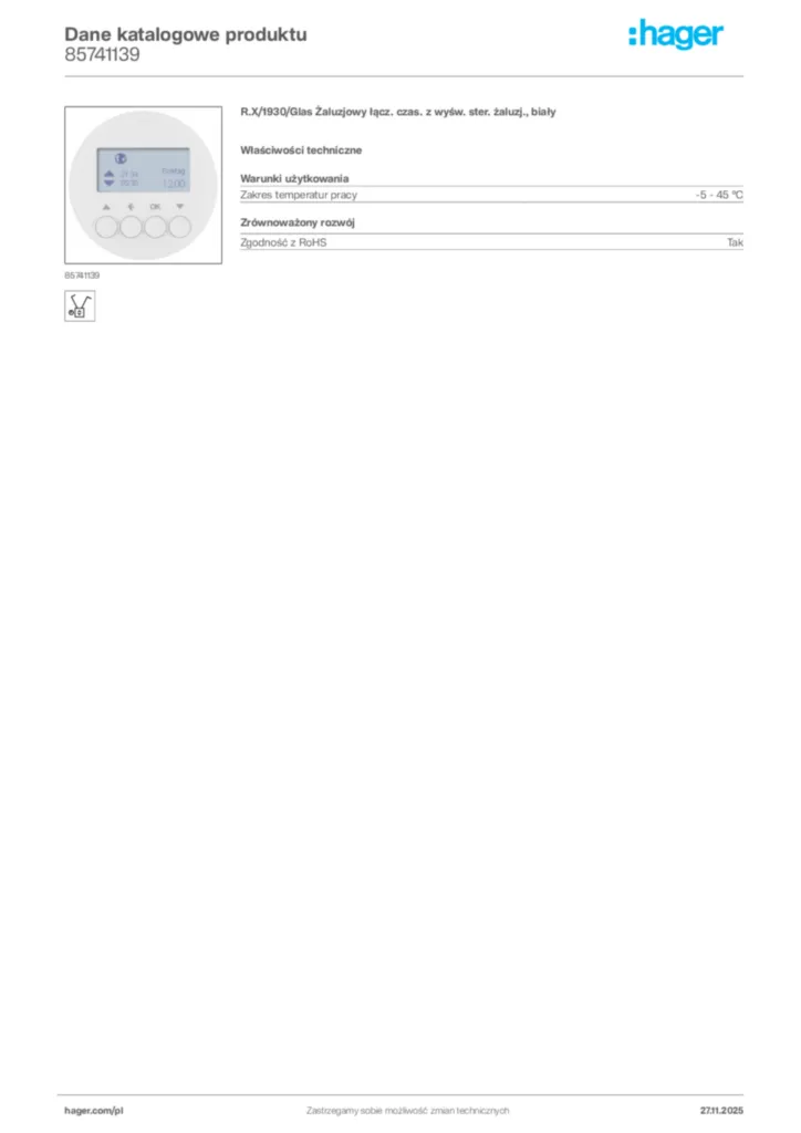 Zdjęcie Hager Karta katalogowa 85741139 | Hager Polska