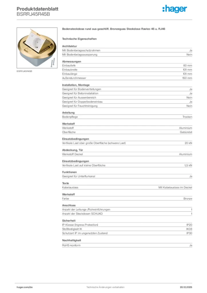 Bild Hager Produktdatenblatt BSRRJ45R45B | Hager Deutschland