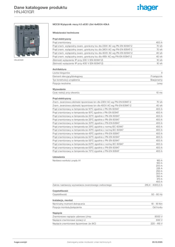 Zdjęcie Hager Karta katalogowa HNJ401GR | Hager Polska