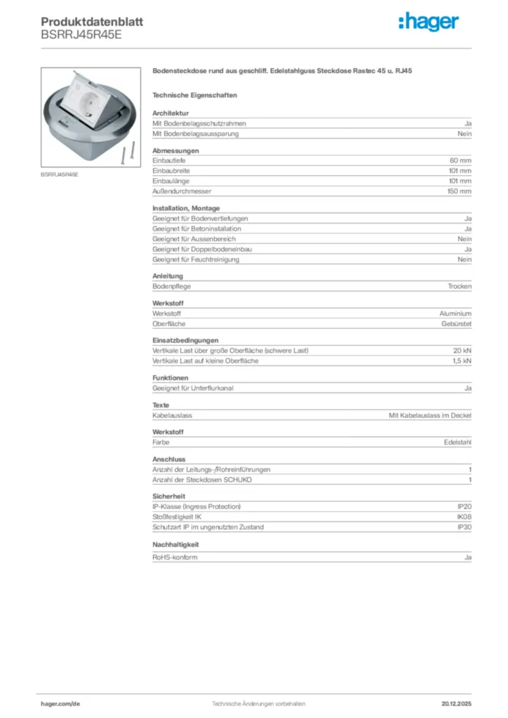 Bild Hager Produktdatenblatt BSRRJ45R45E | Hager Deutschland