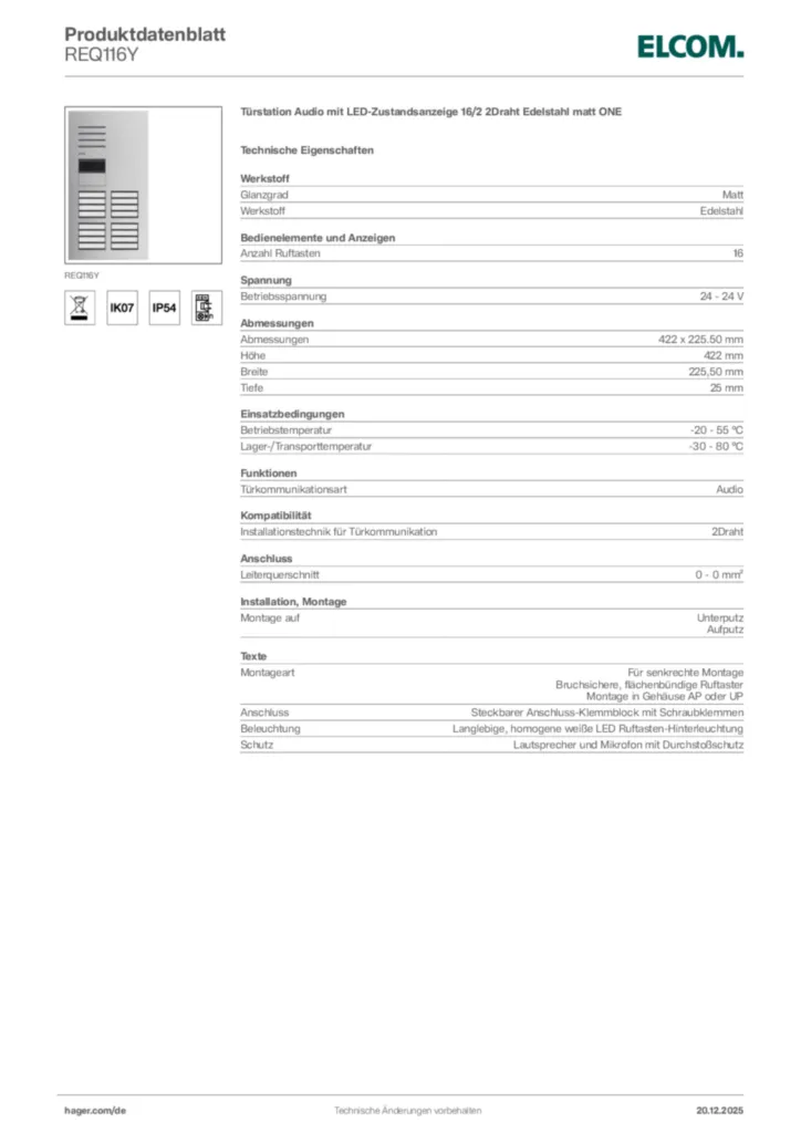 Bild Elcom Produktdatenblatt REQ116Y | Hager Deutschland