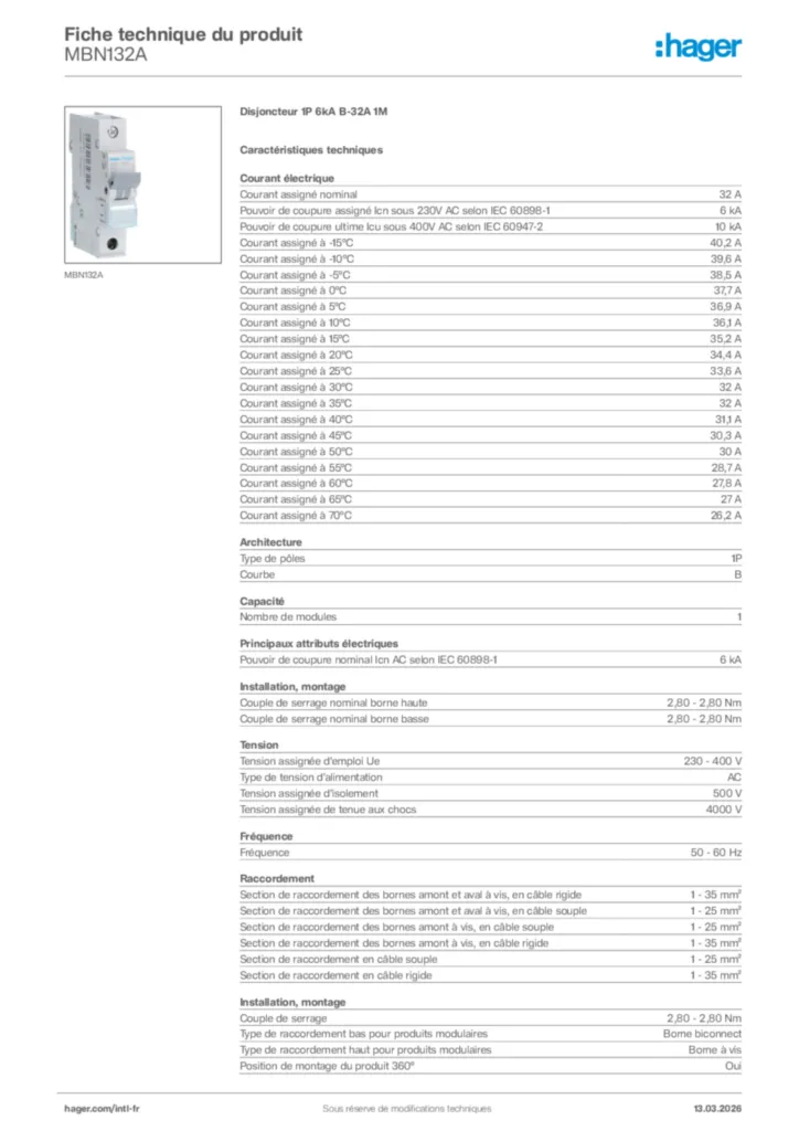Image Hager Fiche technique du produit MBN132A | Hager Afrique