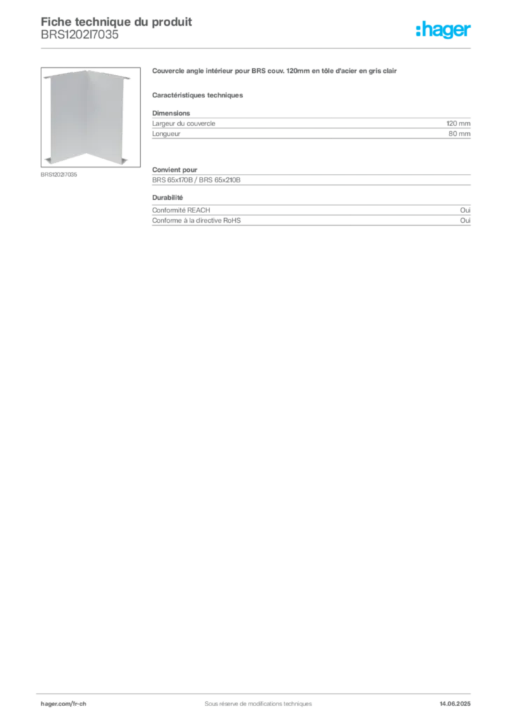 Image Hager Fiche technique du produit BRS1202I7035 | Hager Suisse