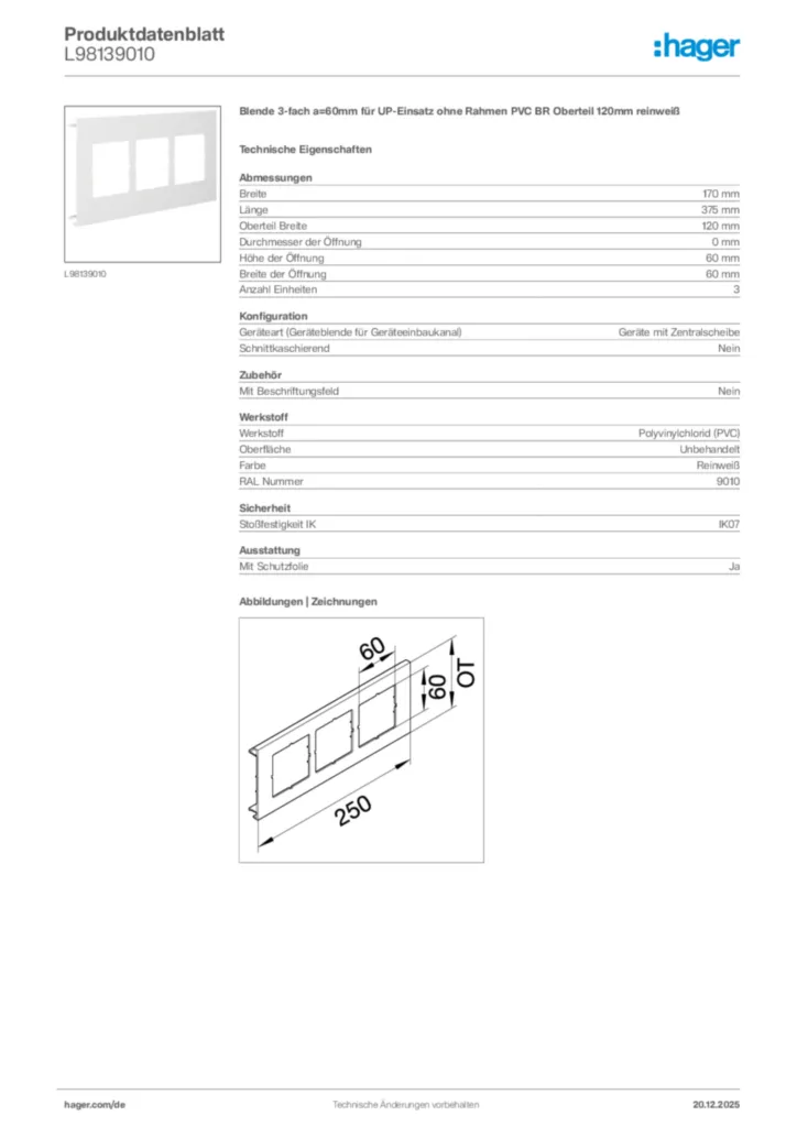 Bild Hager Produktdatenblatt L98139010 | Hager Deutschland