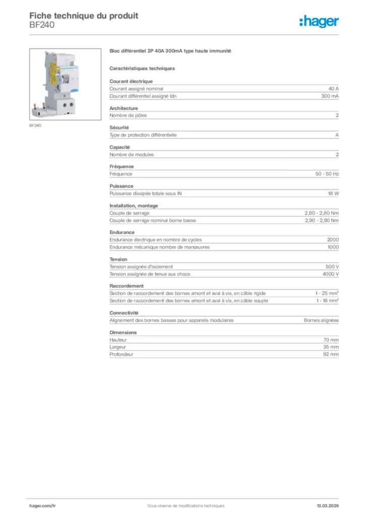 Image Hager Fiche technique du produit BF240 | Hager France