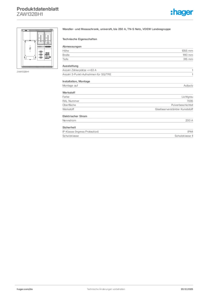 Bild Hager Produktdatenblatt ZAW132BH1 | Hager Deutschland