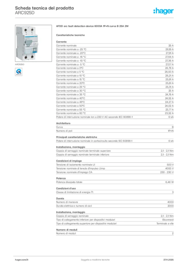 Immagine Hager Scheda tecnica del prodotto ARC925D | Hager Italia