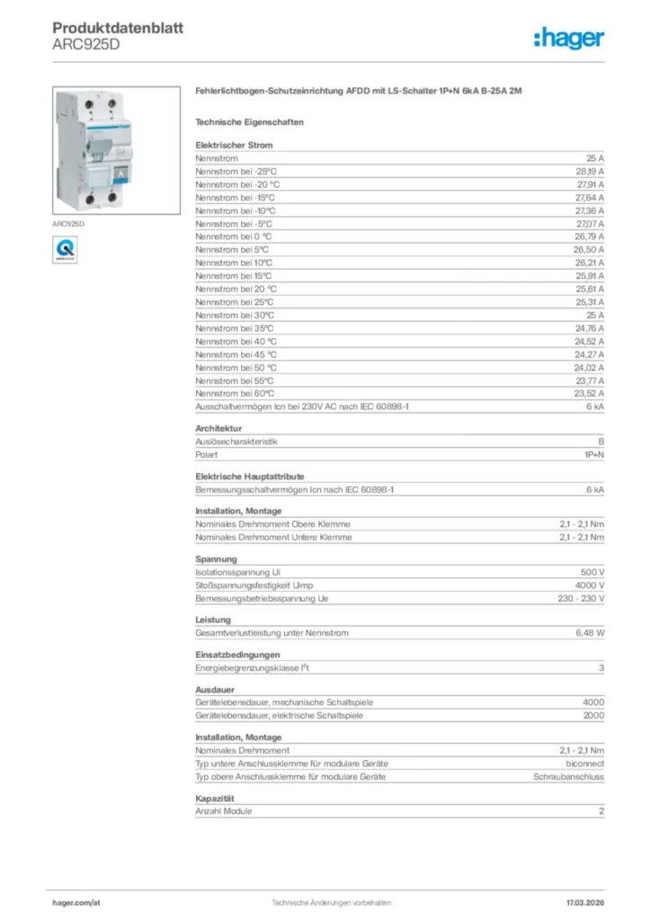 Bild Hager Produktdatenblatt ARC925D | Hager Deutschland