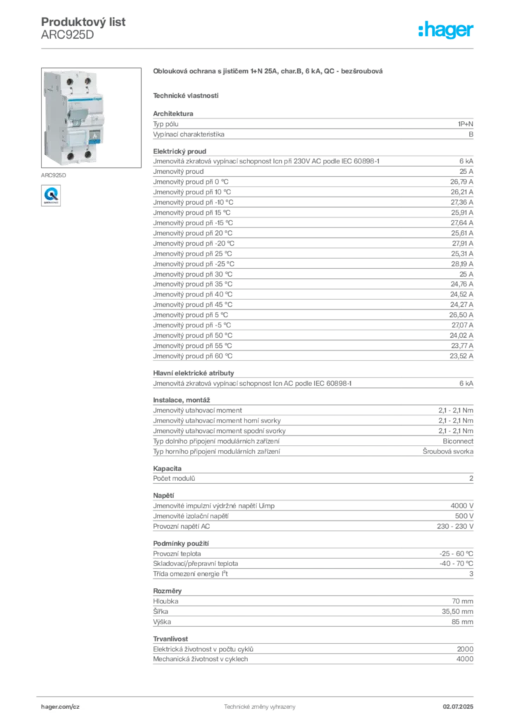 Obrázek Hager Produktový list ARC925D | Hager