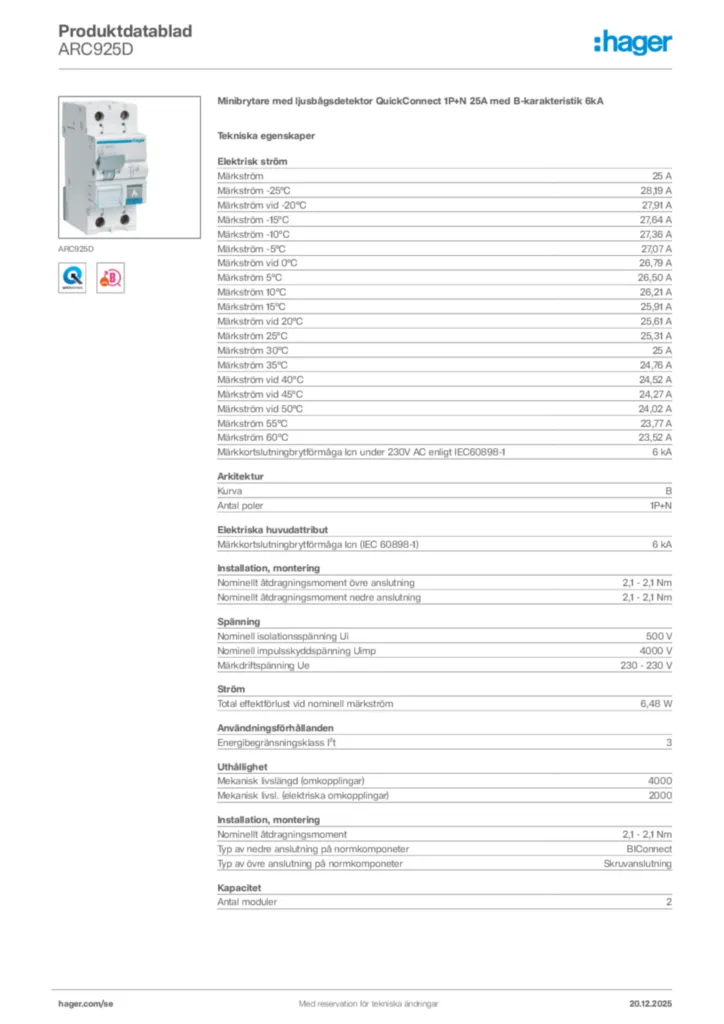 Bild Hager Produktdatablad ARC925D | Hager Sverige