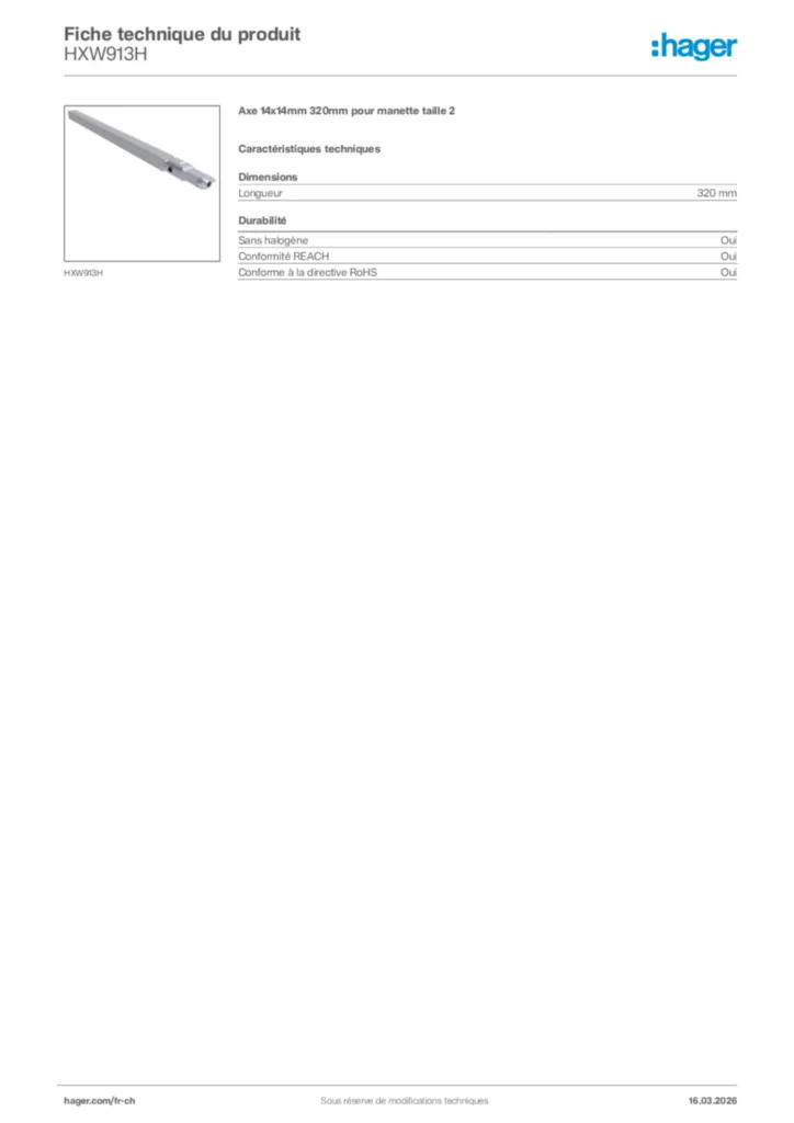 Image Hager Fiche technique du produit HXW913H | Hager Suisse