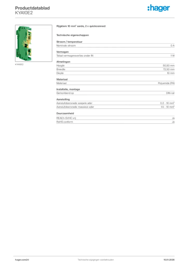 Afbeelding Hager Productdatablad KYA10E2 | Hager Nederland