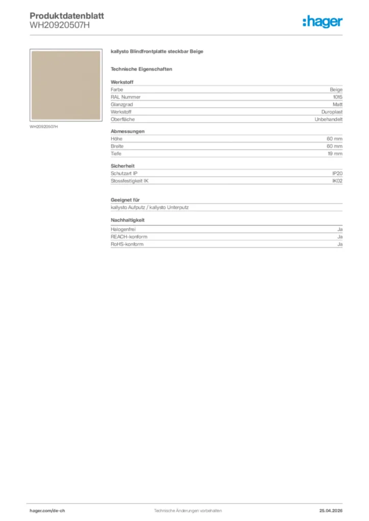 Bild Hager Produktdatenblatt WH20920507H | Hager Schweiz