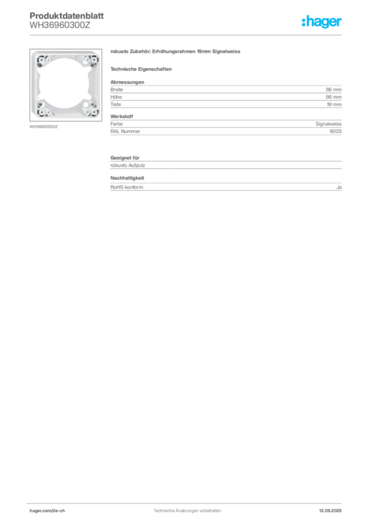 Bild Hager Produktdatenblatt WH36960300Z | Hager Schweiz